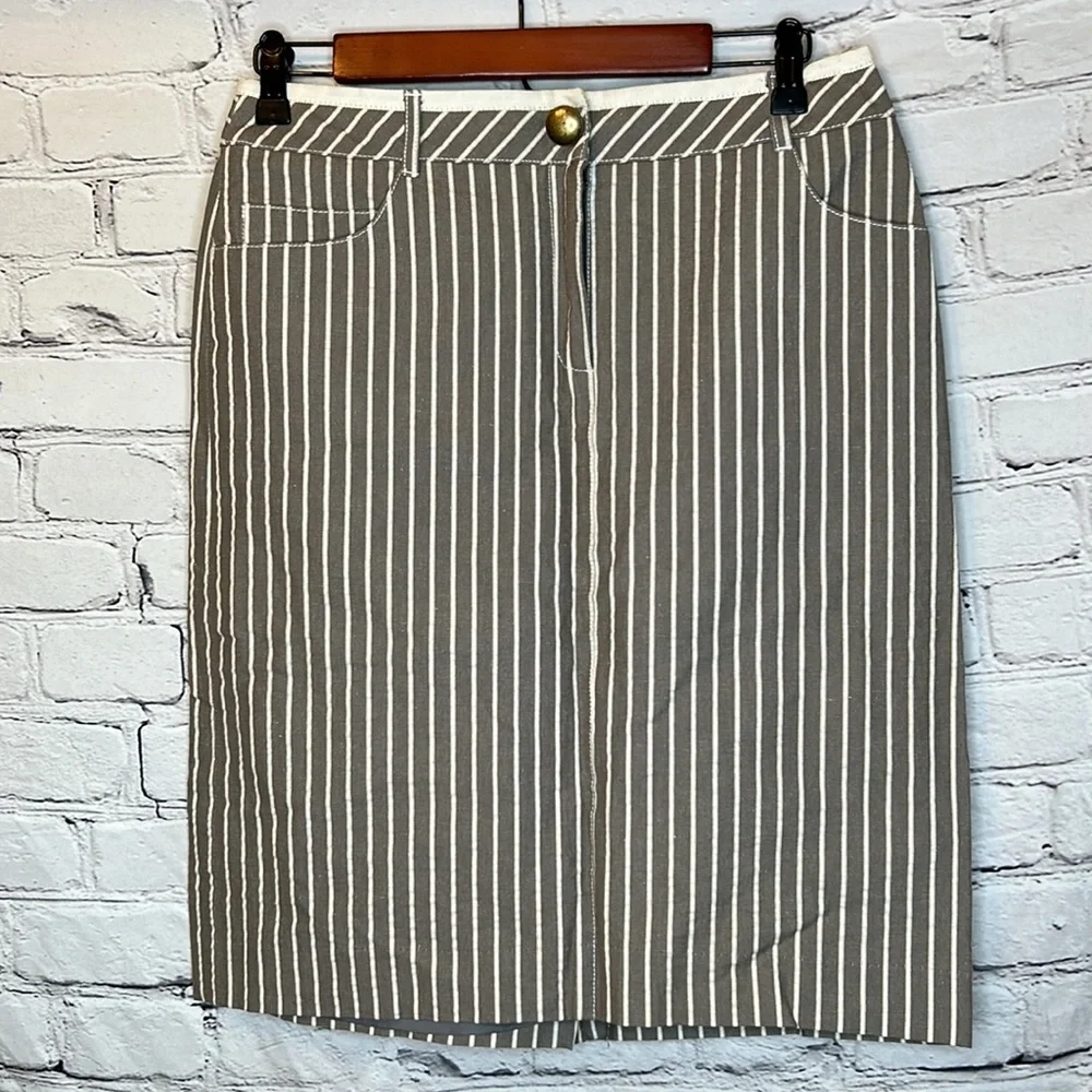 Worth Gray Cream Striped Gold Button Straight Skirt Size 6 Excellent Condition